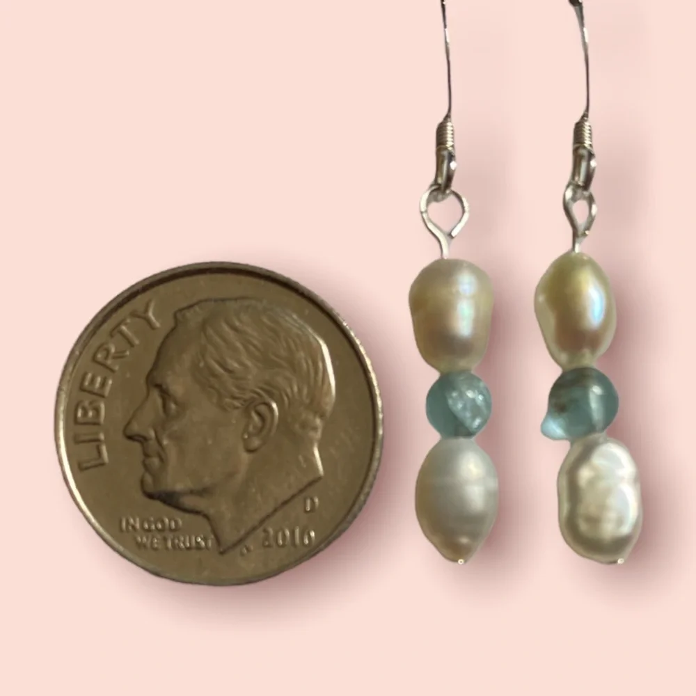 Hand Crafted Earrings White Pearls & Apatite .925 Silver Dangle Long Pierced - Picture 4 of 5